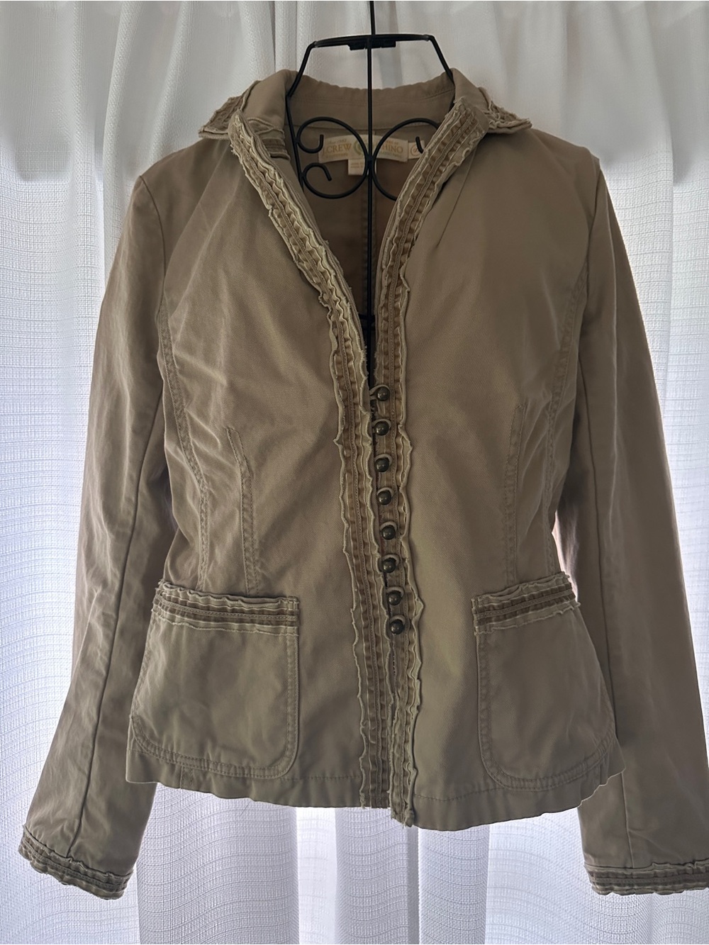 Y2K J. Crew Taupe Ruffle-Trim Button Front Blazer Military Style